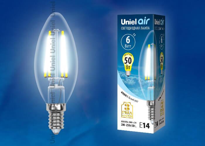 Лампа светодиодная филаментная (UL-00002196) Uniel E14 6W 3000K прозрачная LED-C35-6W/WW/E14/CL GLA01TR