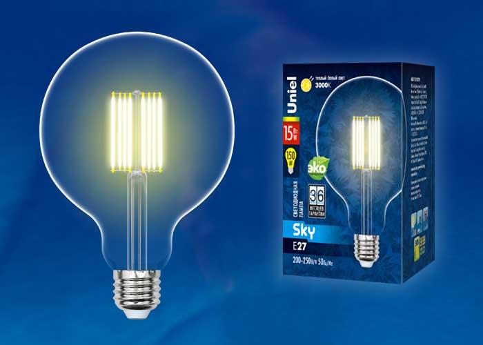 Лампа светодиодная филаментная (UL-00004859) Uniel E27 10W 4000K прозрачная LED-G125-10W/NW/E27/CL PLS02WH