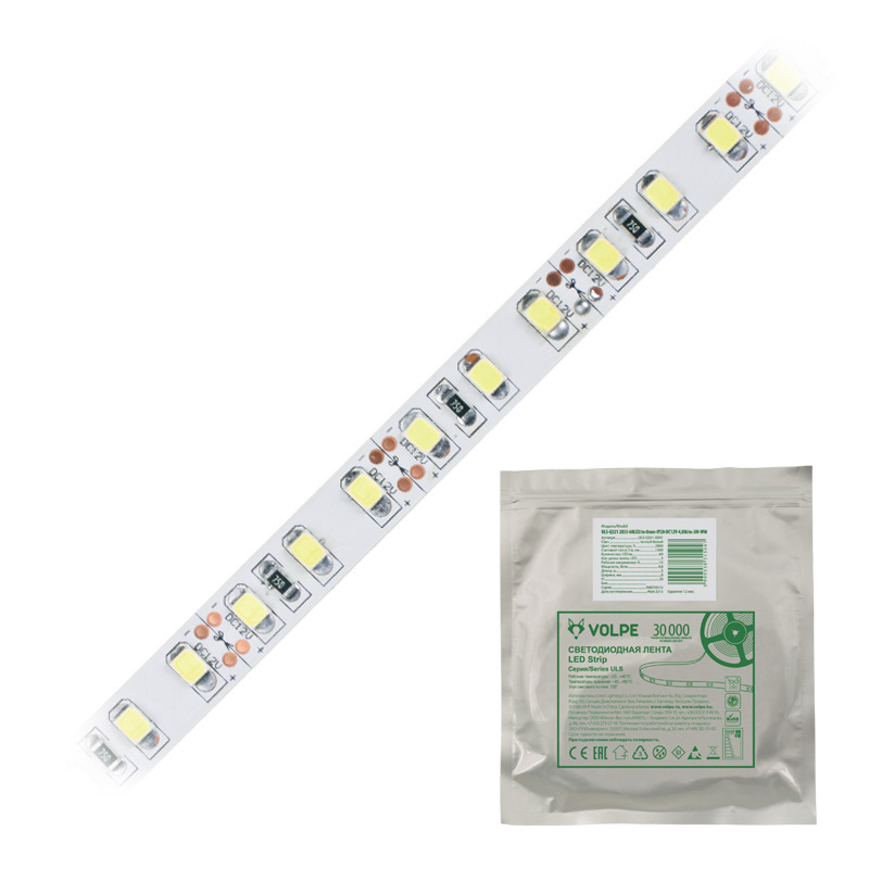 Светодиодная лента Volpe (UL-00000882) 9,6W/m 120LED/m 2835SMD холодный белый 5M ULS-Q331 2835-120LED/m-8mm-IP20-DC12V-9,6W/m-5M-DW катушка
