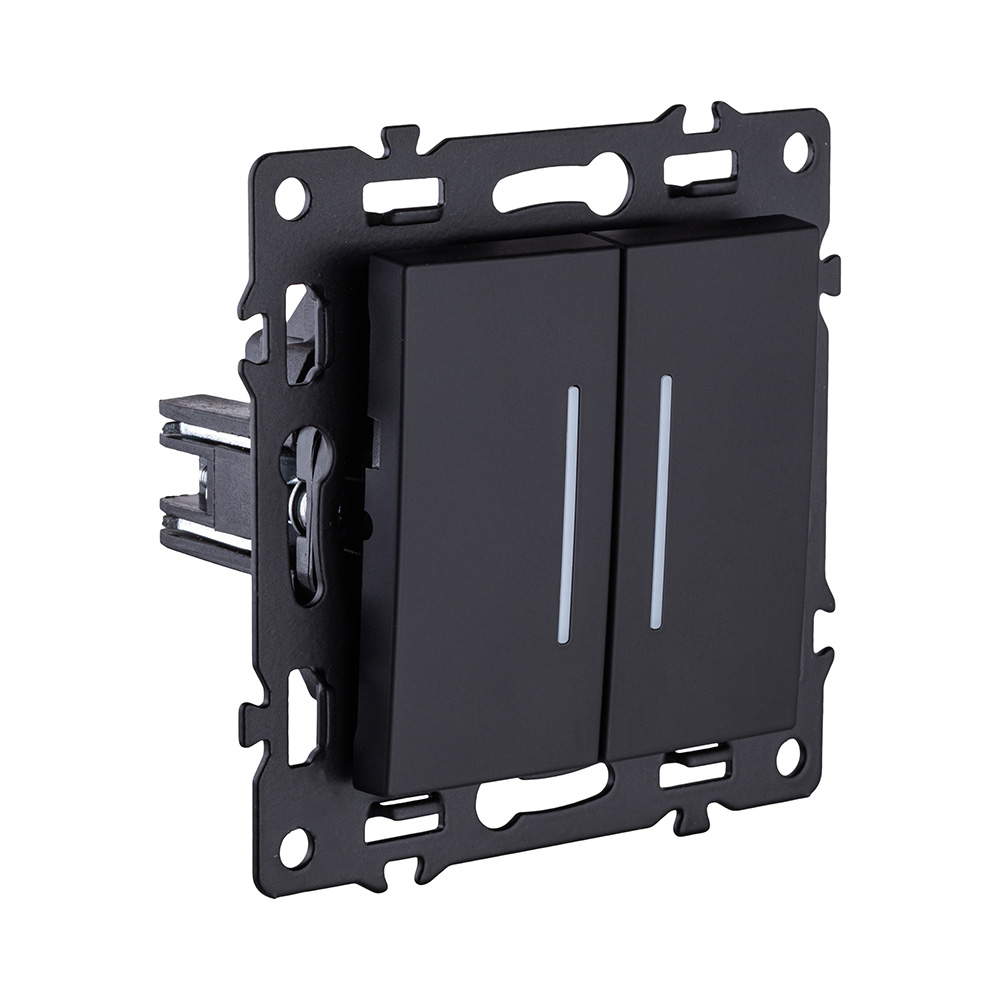 Выключатель 2-клавишный проходной 10А/250В с LED подсветкой, черный Kollinger Asthetik AS-011BK