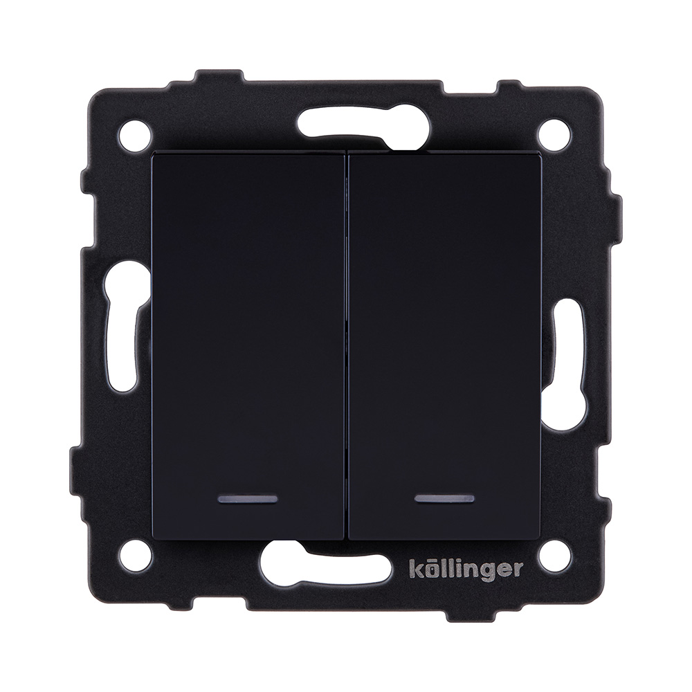 Выключатель кнопочный 2-клавишный 10А/250В с LED подсветкой, черный Kollinger REA-S-014BK для Aspekt, Eleganz, Reflex
