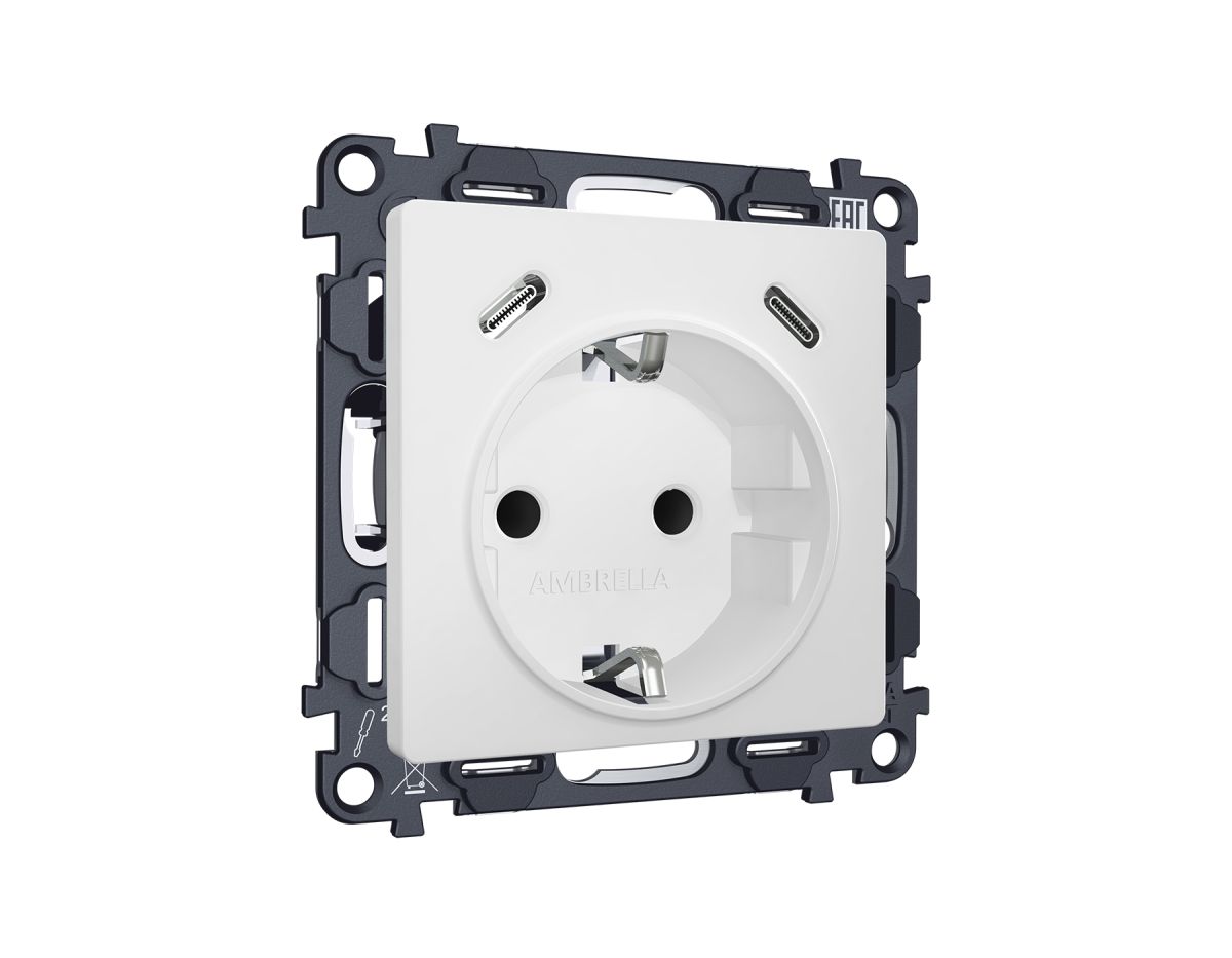Комплект механизма электрической розетки 2USB С+C 20W с/з на винтовых зажимах 16A-250V Alfa Белый матовый Quant Ambrella Volt MA130510 (AP1305, VM165)