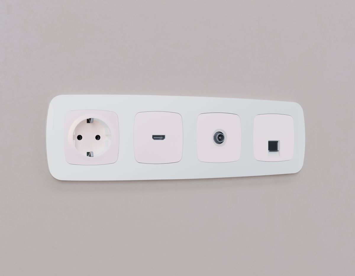 Комплект механизма компьютерной розетки Ambrella Volt RJ-45 (8P8C) CAT6A экранированной с автоматической защитной шторкой OMEGA MO212005 Жемчуг QUANT (OP2120, VM185)