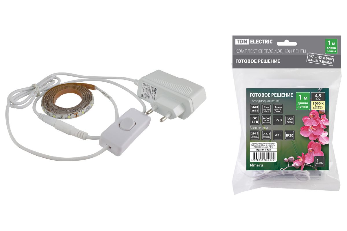 Светодиодная лента TDM Electric 12В 2835 4,8Вт/м 3000K 1м IP20 SQ0331-0222
