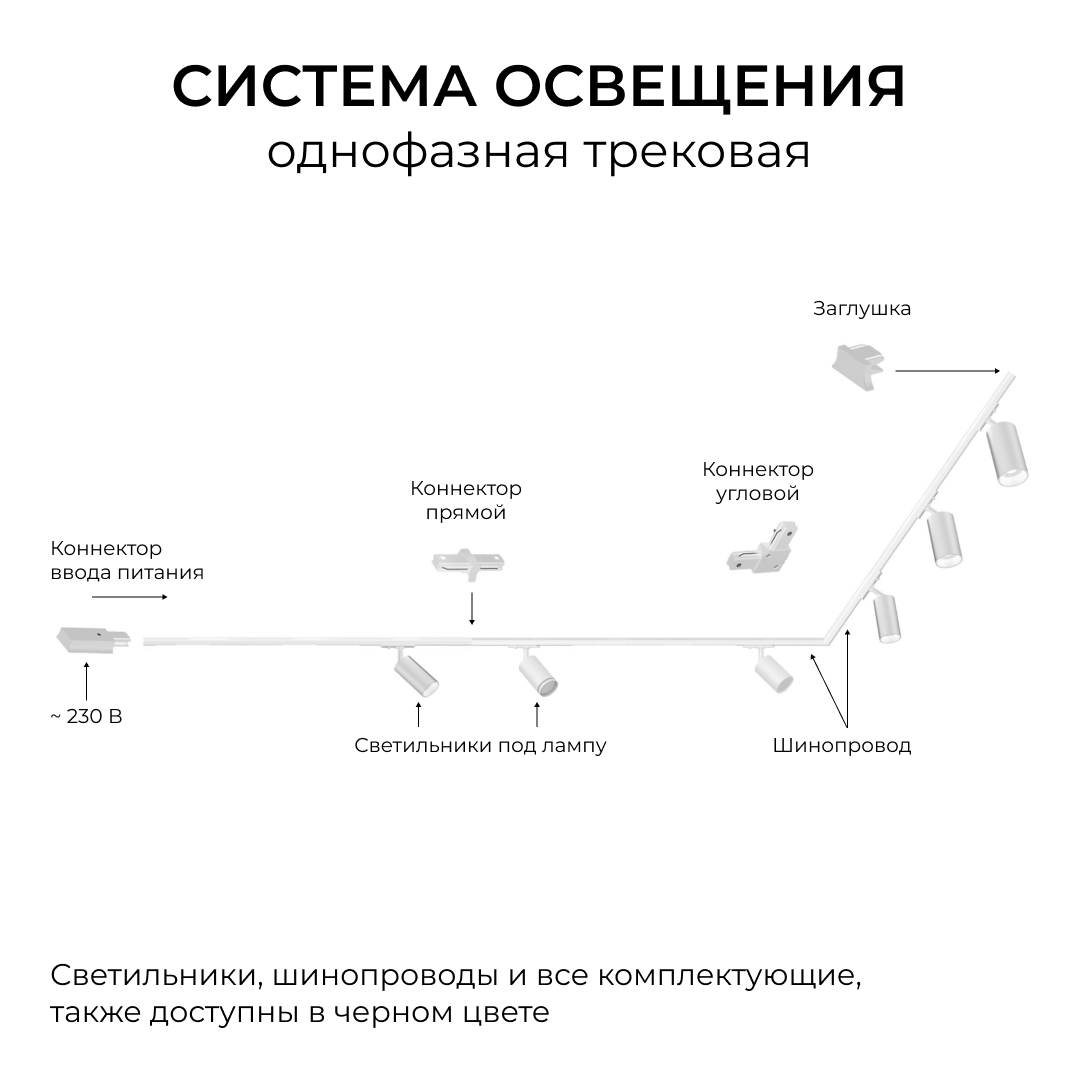 Шинопровод однофазный накладной/подвесной Apeyron в комплекте крепёж, токоввод, заглушка R45-07