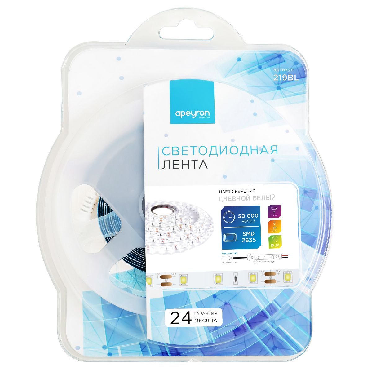 Светодиодная лента Apeyron 12В 9,6Вт/м smd2835 60д/м IP20 900Лм/м 2м 4000К 219BL