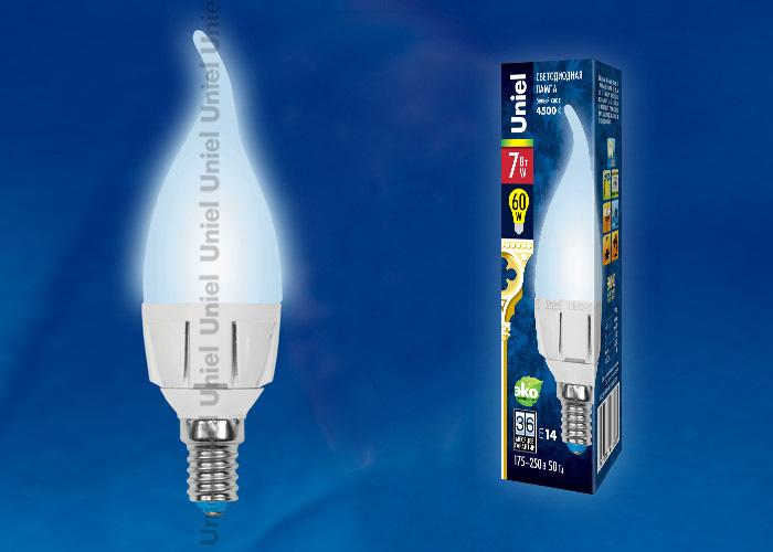 Лампа светодиодная (UL-00000767) Uniel E14 7W 4500K матовая LED-C37-7W/NW/E14/FR PLP01WH
