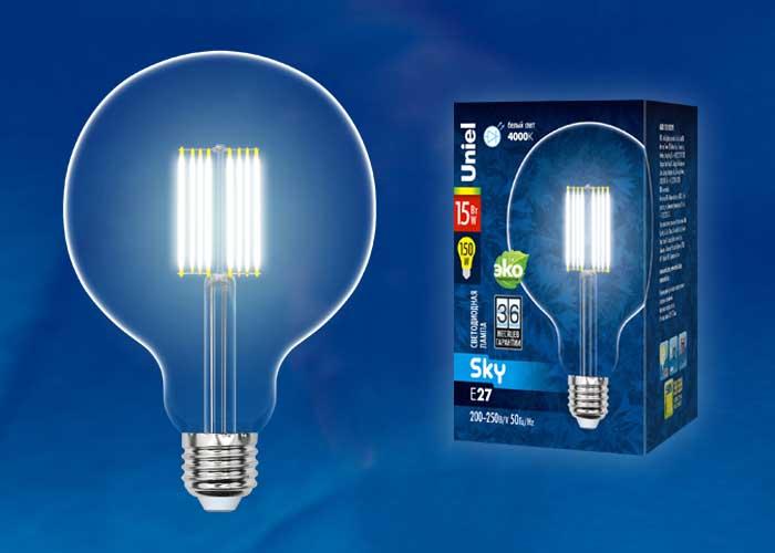Лампа светодиодная филаментная (UL-00004860) Uniel E27 15W 3000K прозрачная LED-G125-15W/3000K/E27/CL PLS02WH