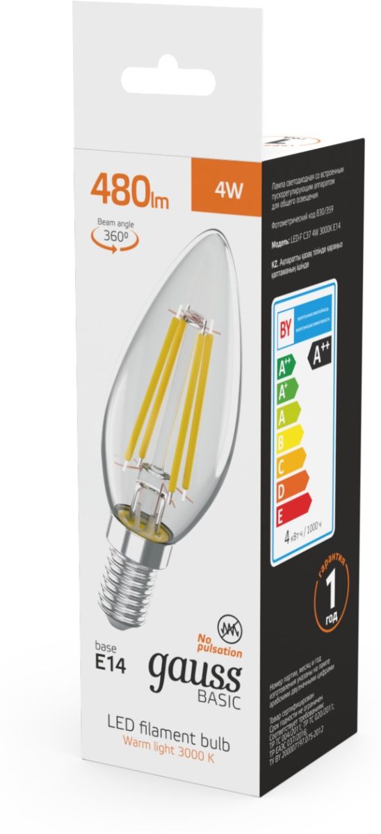 Светодиодная филаментная лампа Gauss Basic Filament E14 4W 3000K свеча 50312142