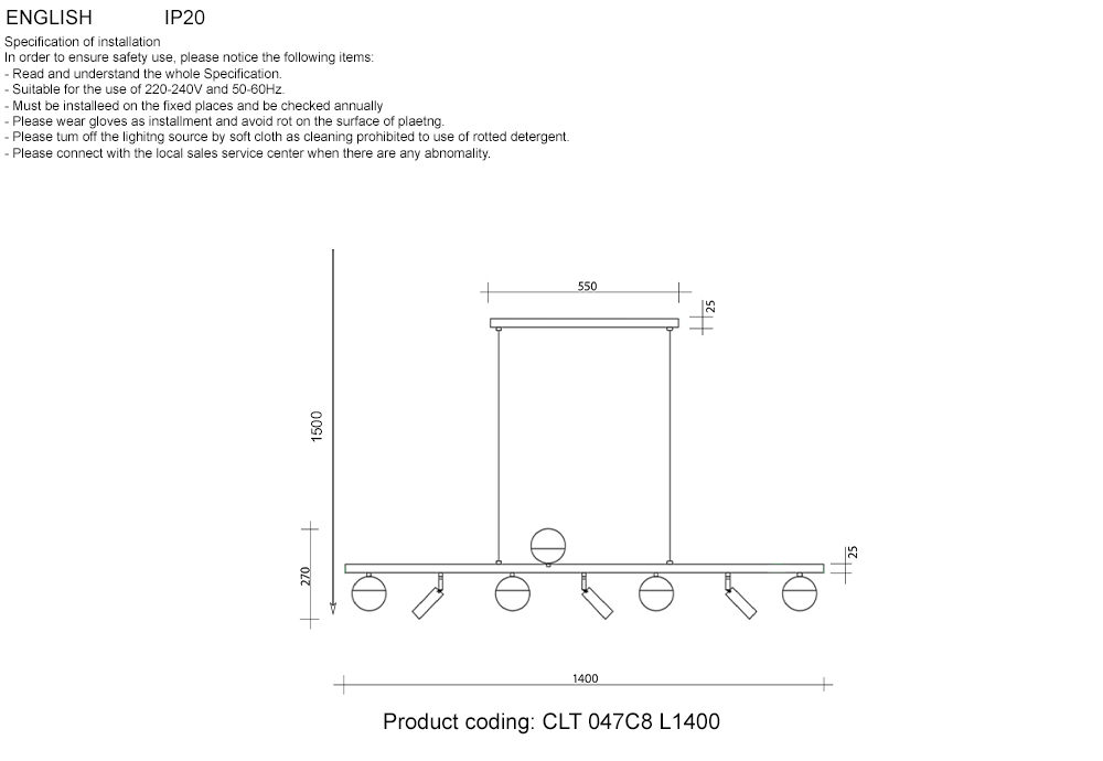 Подвесная люстра шар Crystal Lux CLT 047C8 L1400 BL-GO