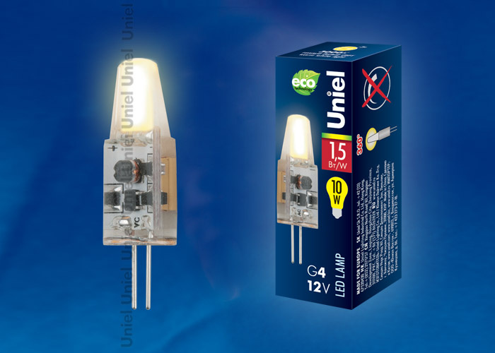 Лампа светодиодная (UL-00000183) Uniel G4 1,5W 3000K прозрачная LED-JC-12/1,5W/WW/G4/CL SIZ05TR