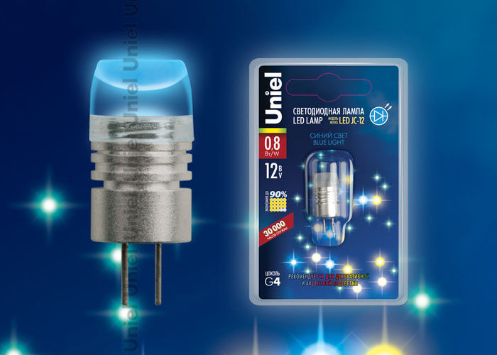 Лампа светодиодная (05859) Uniel G4 0,8W прозрачная LED-JC-12/0,8W/BLUE/G4