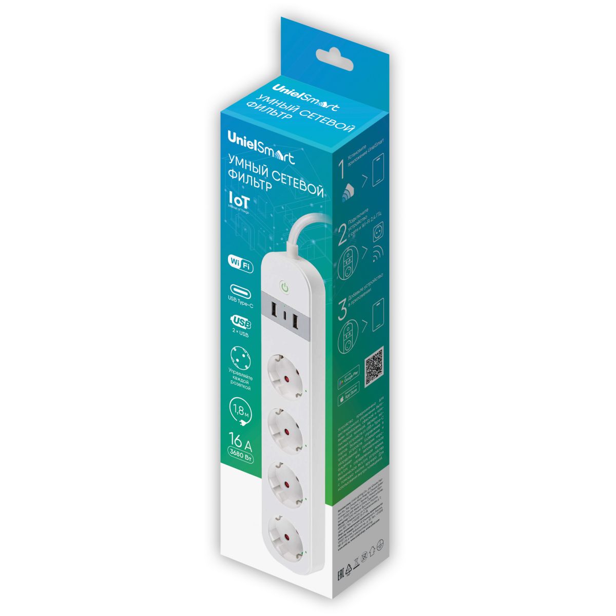 Умный сетевой фильтр Uniel UL-00011386 Wi-Fi. 1.8м Пвс 3х1.5. 4 гнезда. с-з. 2USB+Type-C 5В 3A 16A 3680Вт P-GCL4-1,8 A201/UC/WF WHITE