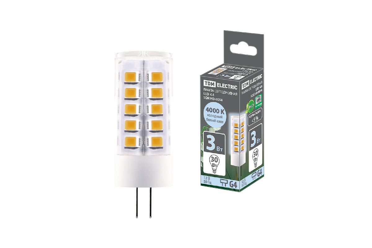 Лампа светодиодная TDM Electric G4 3W 4000K прозрачная SQ0340-0094