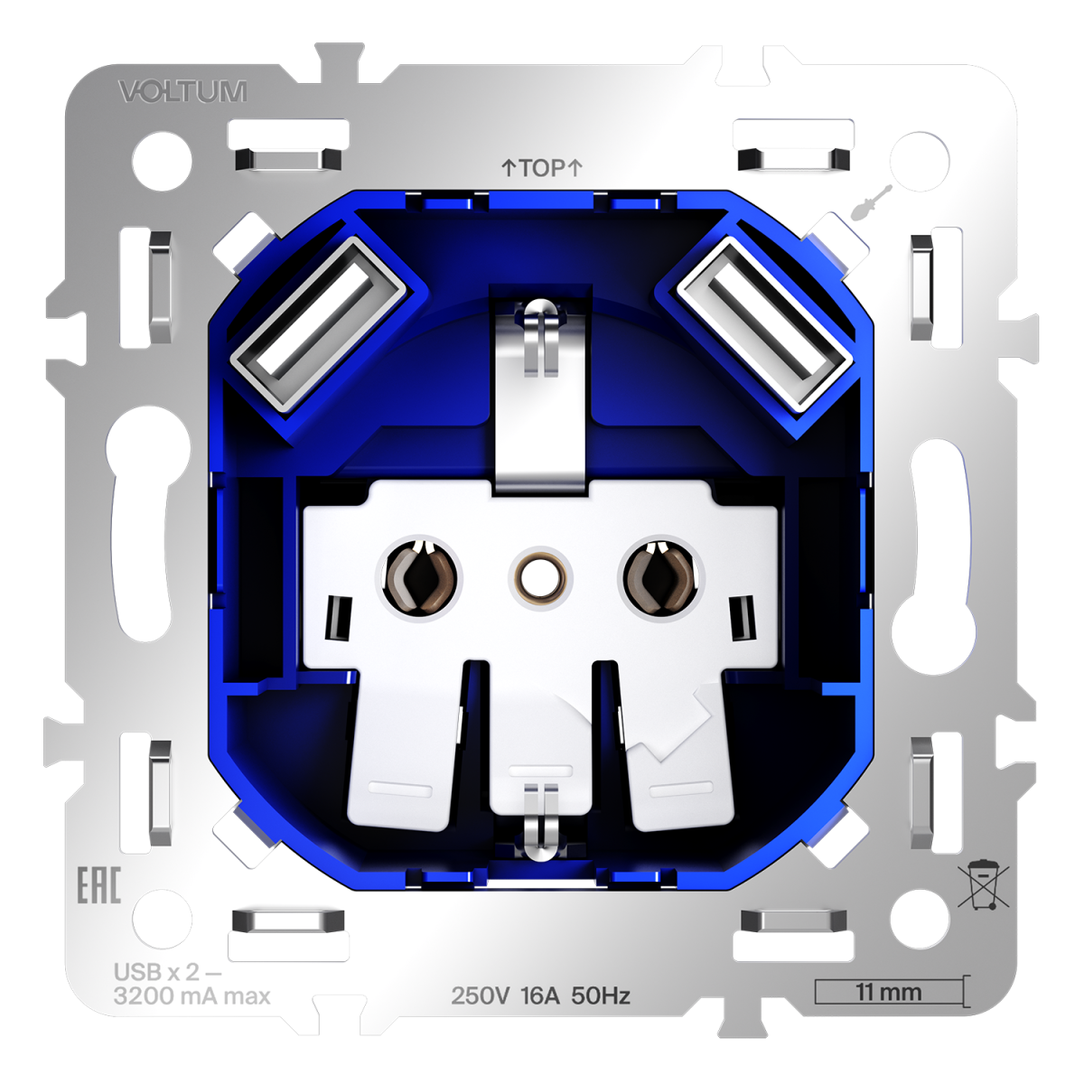 Механизм розетки с заземлением и защитными шторками 16А, с USB A+A Voltum S70 VLS0404M