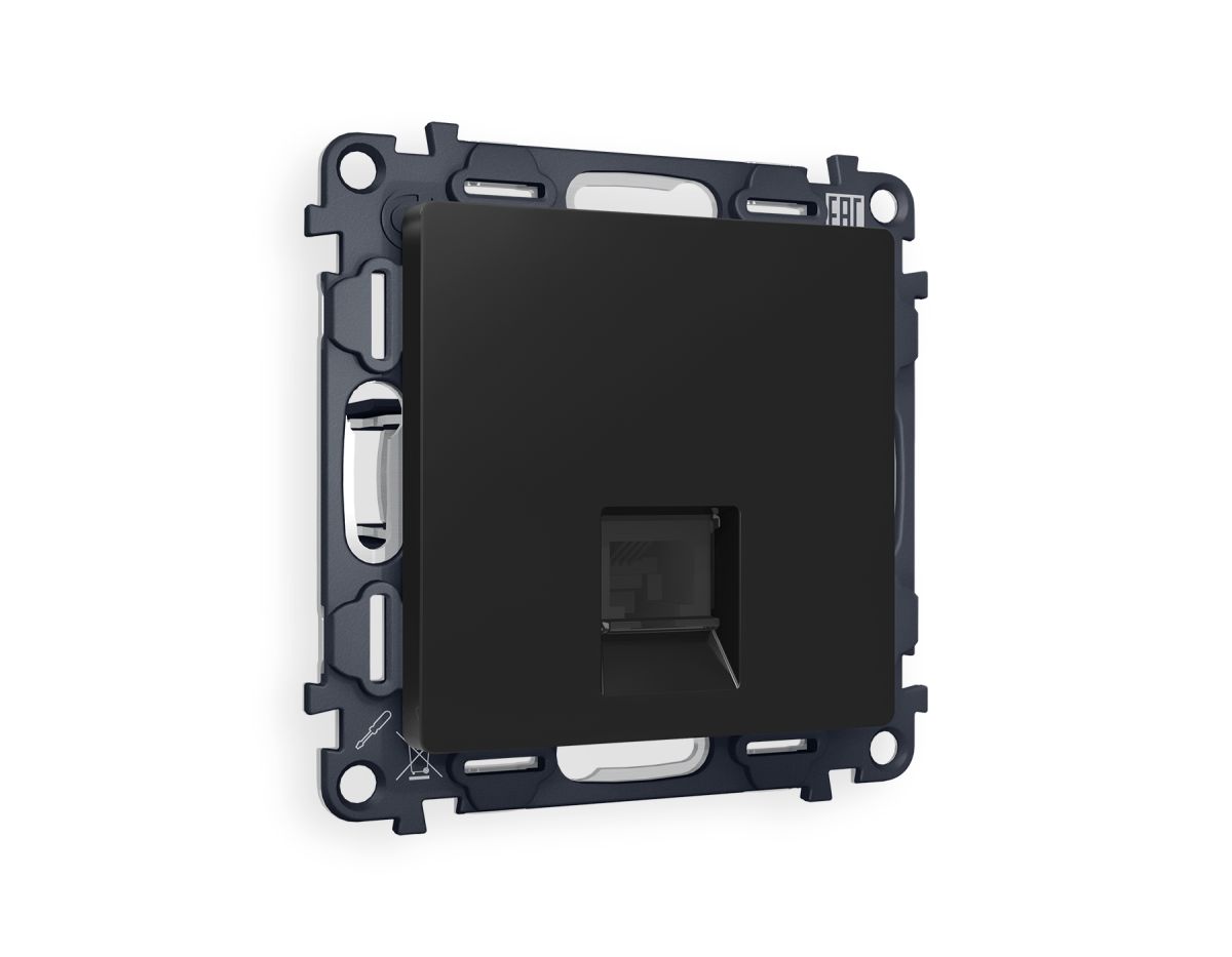 Комплект механизма компьютерной розетки RJ-45 экранированной с автоматической защитной шторкой Alfa Черный матовый Quant Ambrella Volt MA812005 (AP8120, VM185)