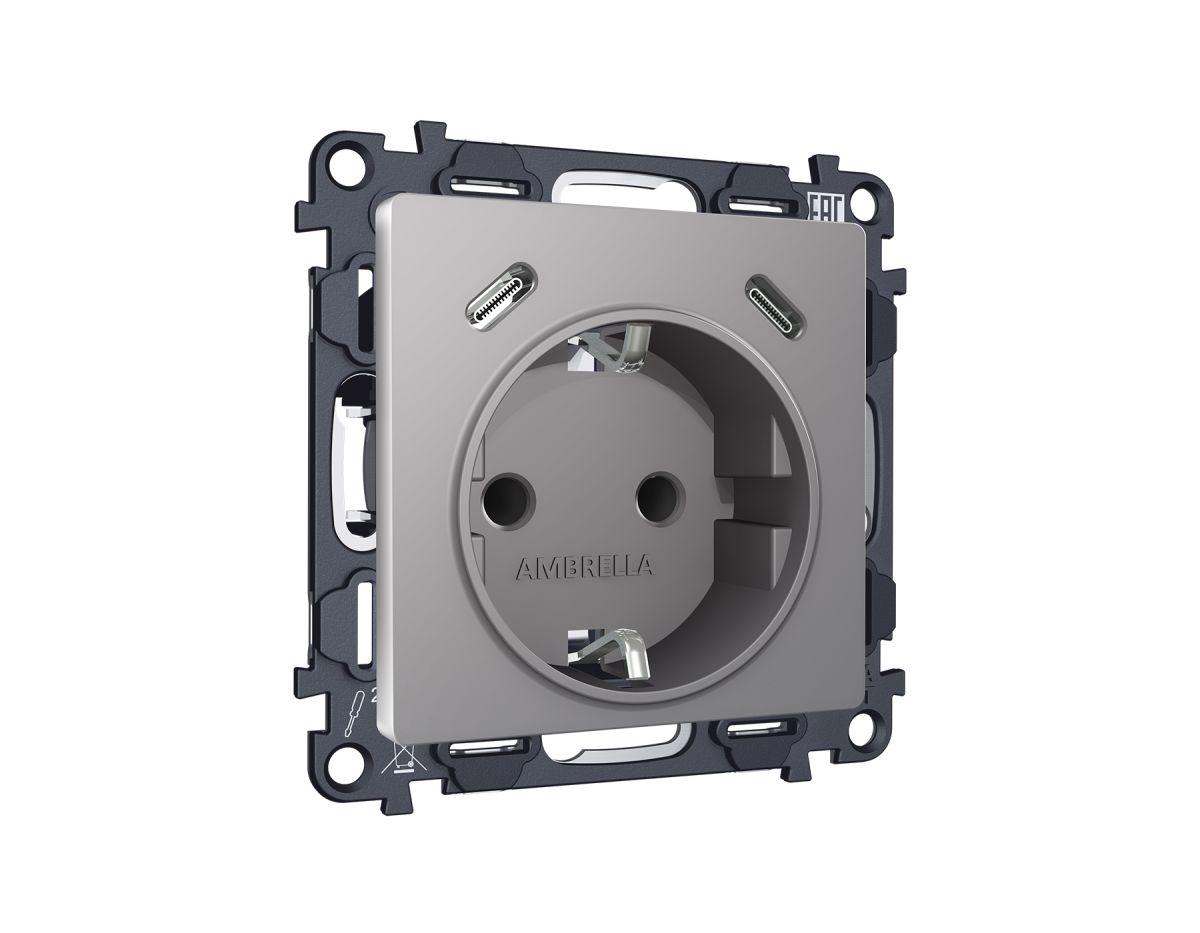 Комплект механизма электрической розетки 2USB С+C 20W с/з на винтовых зажимах 16A-250V Alfa Сталь матовый Quant Ambrella Volt MA510510 (AP5105, VM165)