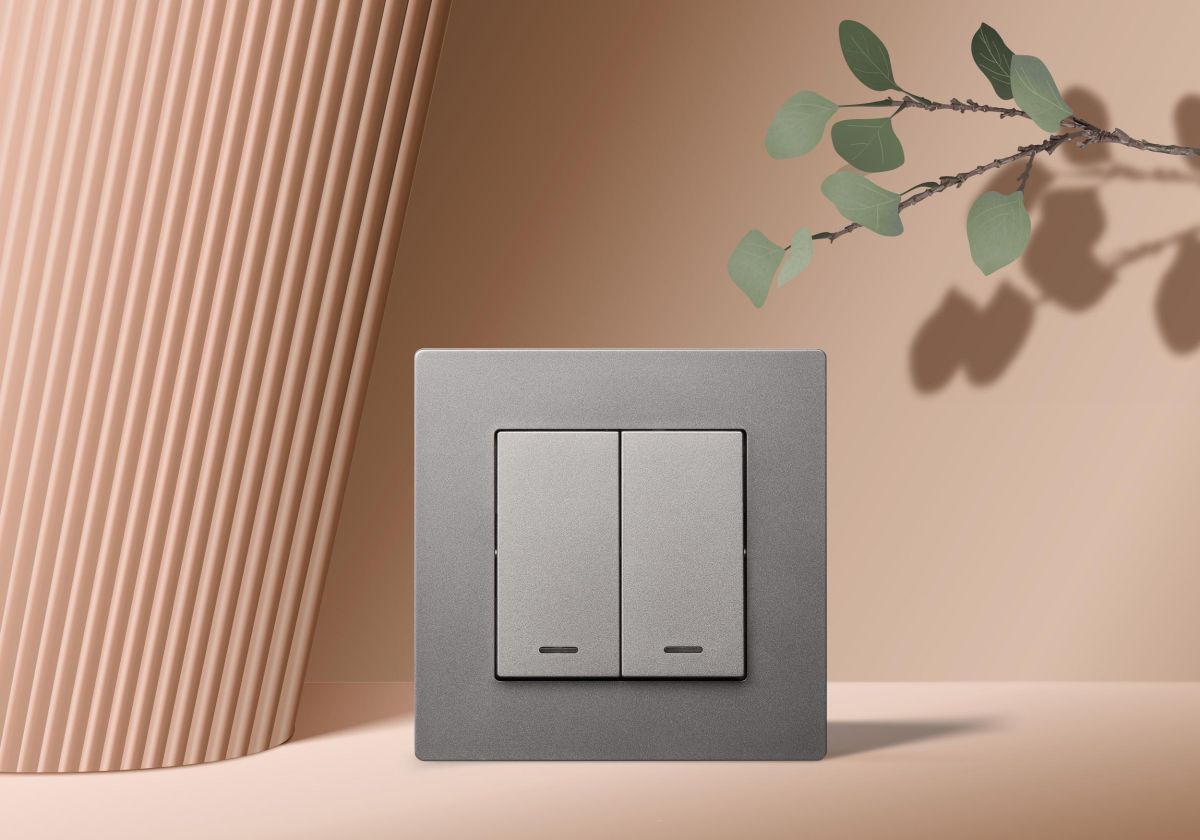 Выключатель 2-клавишный 10А/250В с LED подсветкой, серый Kollinger REA-S-008GY для Aspekt, Eleganz, Reflex