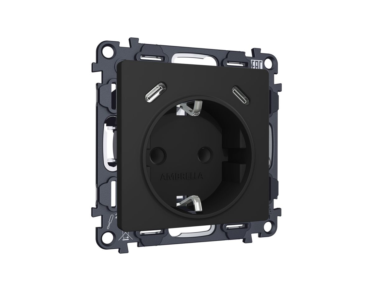 Комплект механизма электрической розетки 2USB С+C 20W с/з на винтовых зажимах 16A-250V Alfa Черный матовый Quant Ambrella Volt MA810510 (AP8105, VM165)