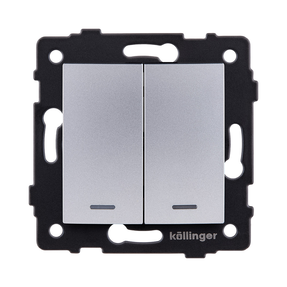 Выключатель 2-клавишный 10А/250В с LED подсветкой, изогнутый, серый Kollinger REA-R-008GY для Aspekt, Eleganz, Reflex