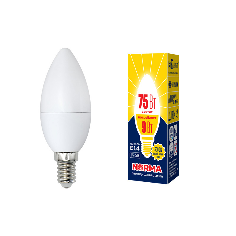 Лампа светодиодная (UL-00003804) Volpe E14 9W 3000K матовая LED-C37-9W/WW/E14/FR/NR