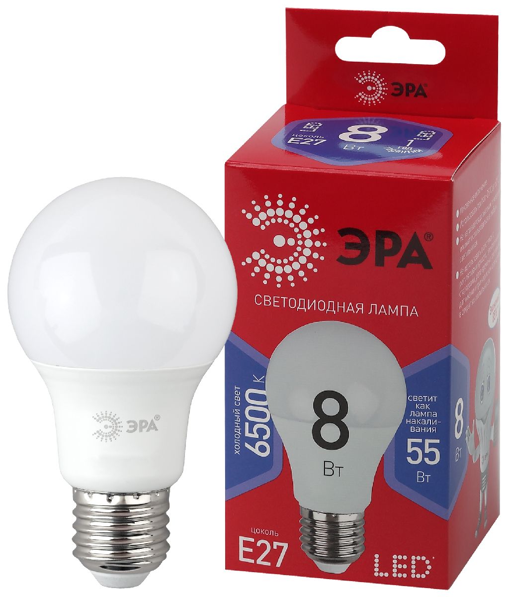 Лампа светодиодная Эра E27 8W 6500K LED A60-8W-865-E27 R Б0048502
