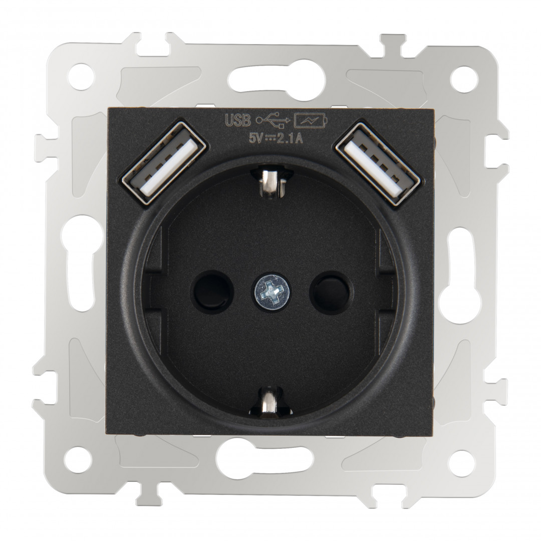 Розетка с заземлением, шторками + USB Arte Milano 203.47-1.black