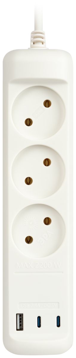 Удлинитель Эра U-3-1,5m-USB-W 3 розетки + 3xUSB A+C 1,5м 10А белый