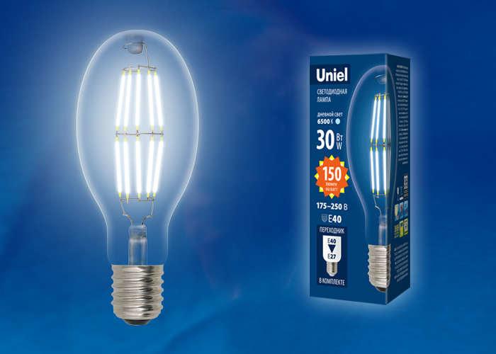 Лампа светодиодная филаментная (UL-00003760) Uniel E40 30W 4000K прозрачная LED-ED90-30W/NW/E40/CL GLP05TR
