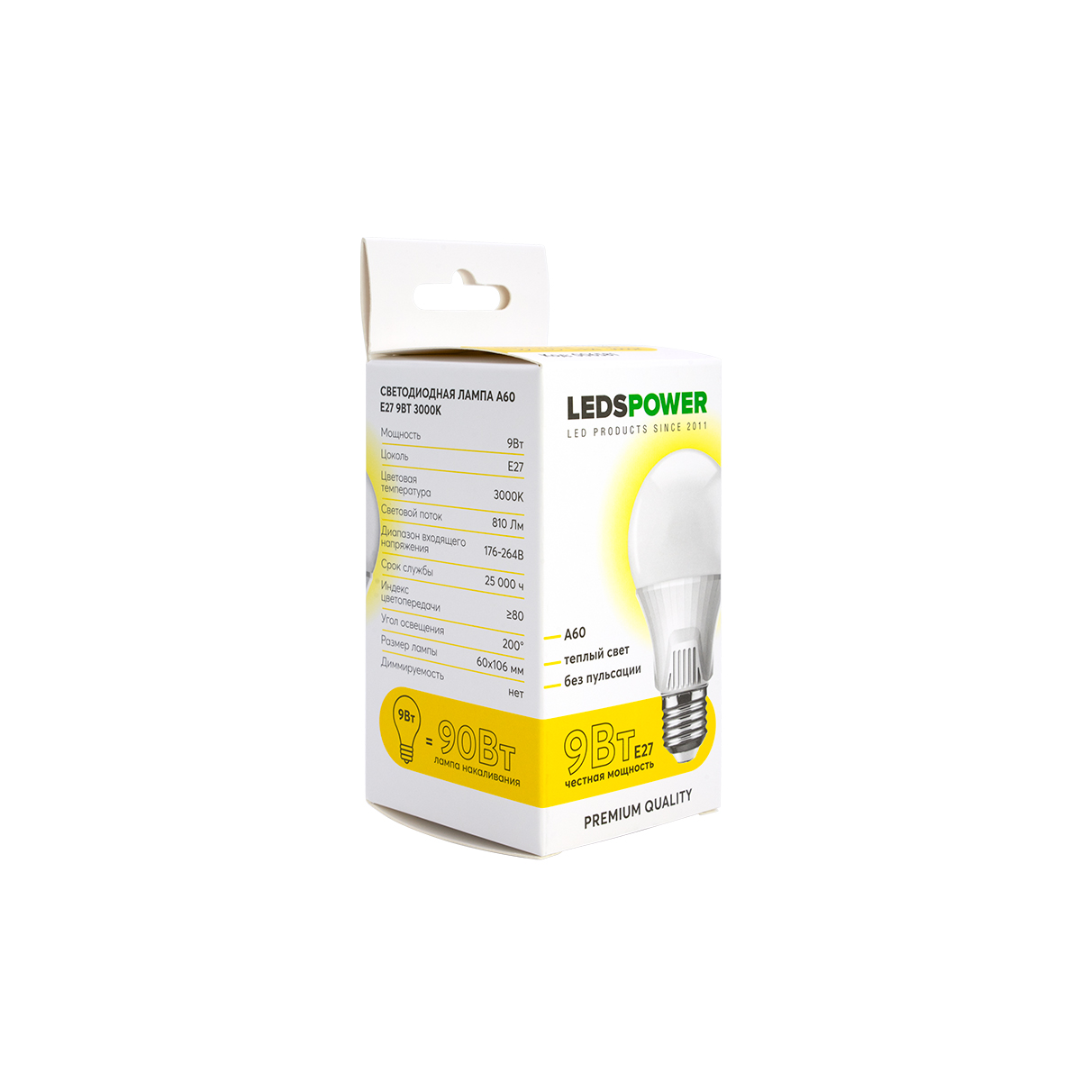 Светодиодная лампа LEDS POWER A60 E27 9Вт 3000К 006581