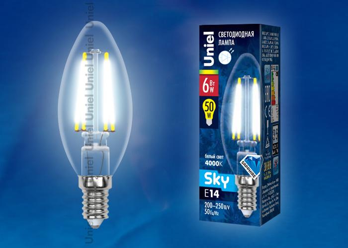 Лампа светодиодная филаментная (UL-00001372) Uniel E27 8W 4000K прозрачная LED-A60-8W/NW/E27/CL PLS02WH