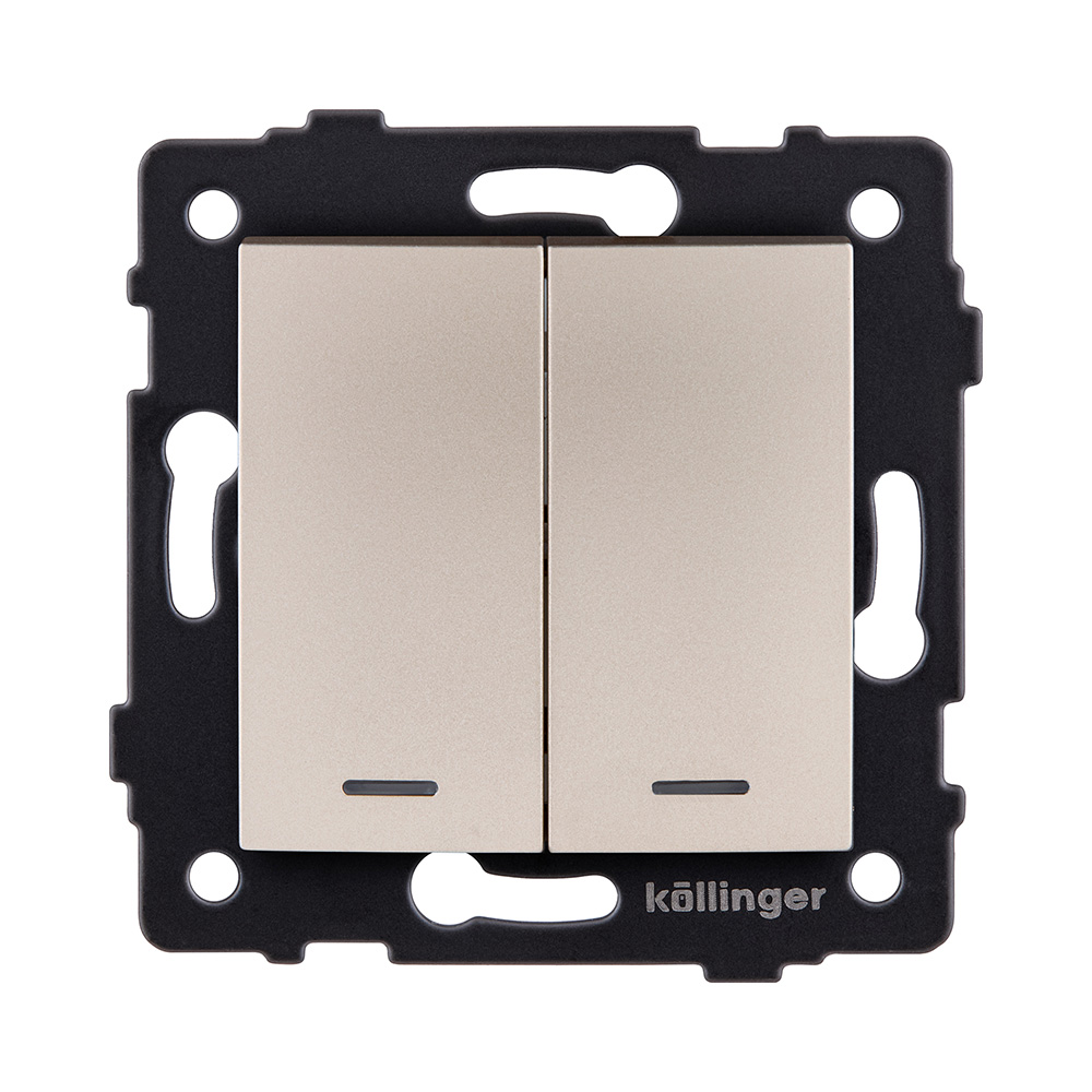 Выключатель 2-клавишный 10А/250В с LED подсветкой, изогнутый, золотой Kollinger REA-R-008GD для Aspekt, Eleganz, Reflex