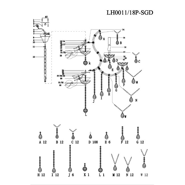 Подвесная люстра Lumien Hall Narcisse LH0011/18P-SGD