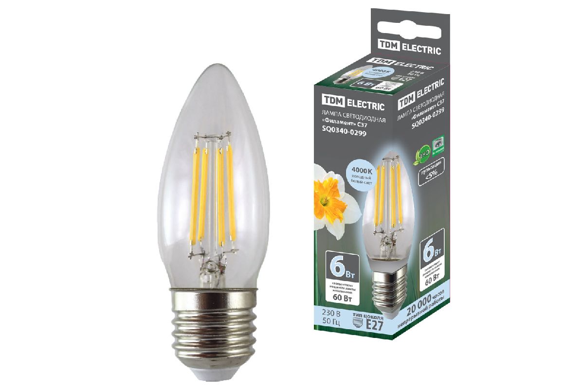 Лампа светодиодная филаментная TDM Electric E27 6W 4000K прозрачная SQ0340-0299