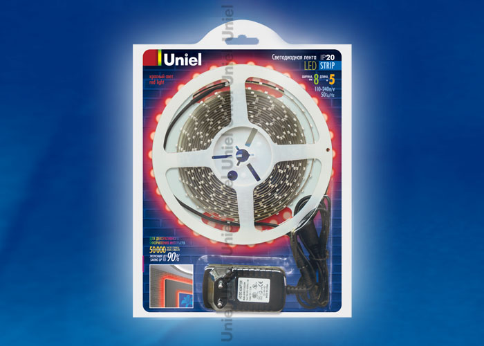 Светодиодная лента Uniel ULS-3528-60LED/m-8mm-IP20-DC12V-5M-RED блистер 04688