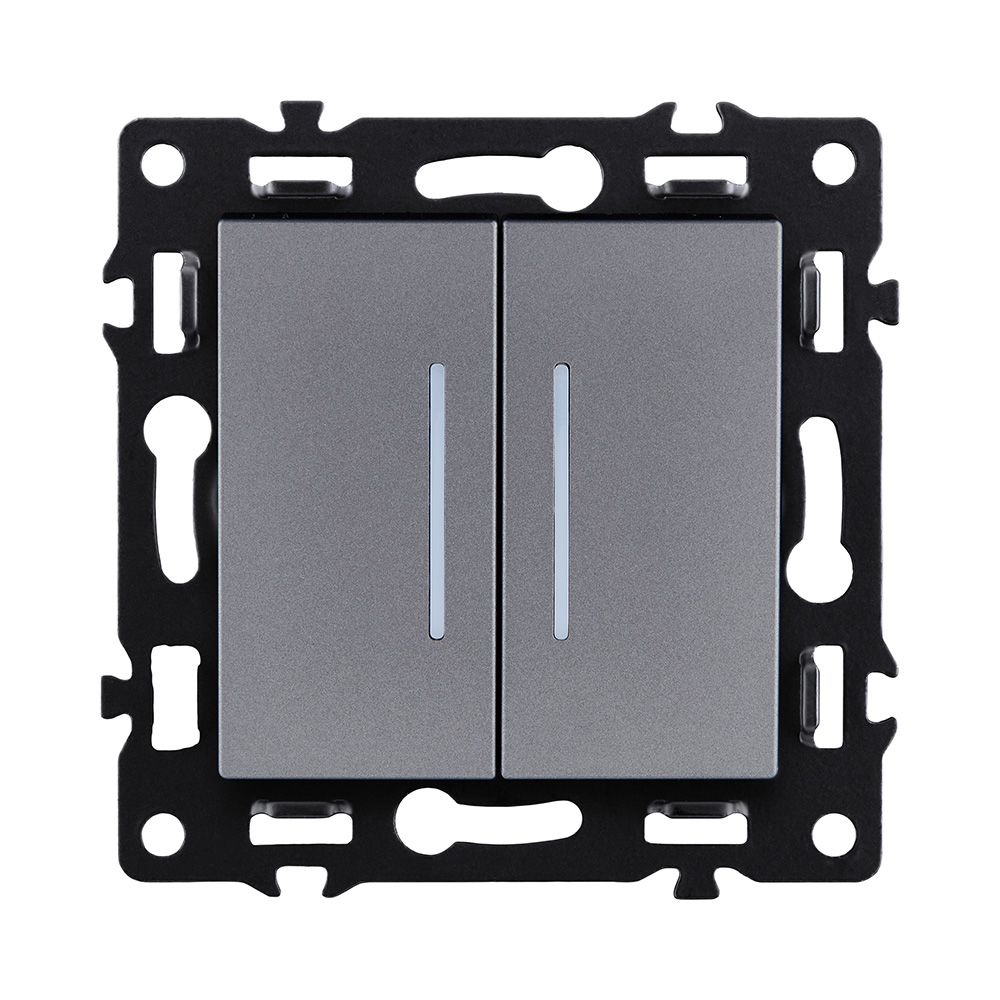 Выключатель 2-клавишный 10А/250В с LED подсветкой, серый Kollinger Asthetik AS-010GY