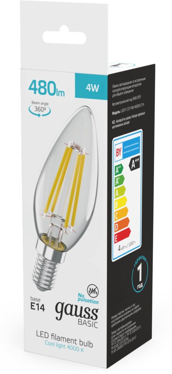 Светодиодная филаментная лампа Gauss Basic Filament E14 4W 4000K свеча 50312242