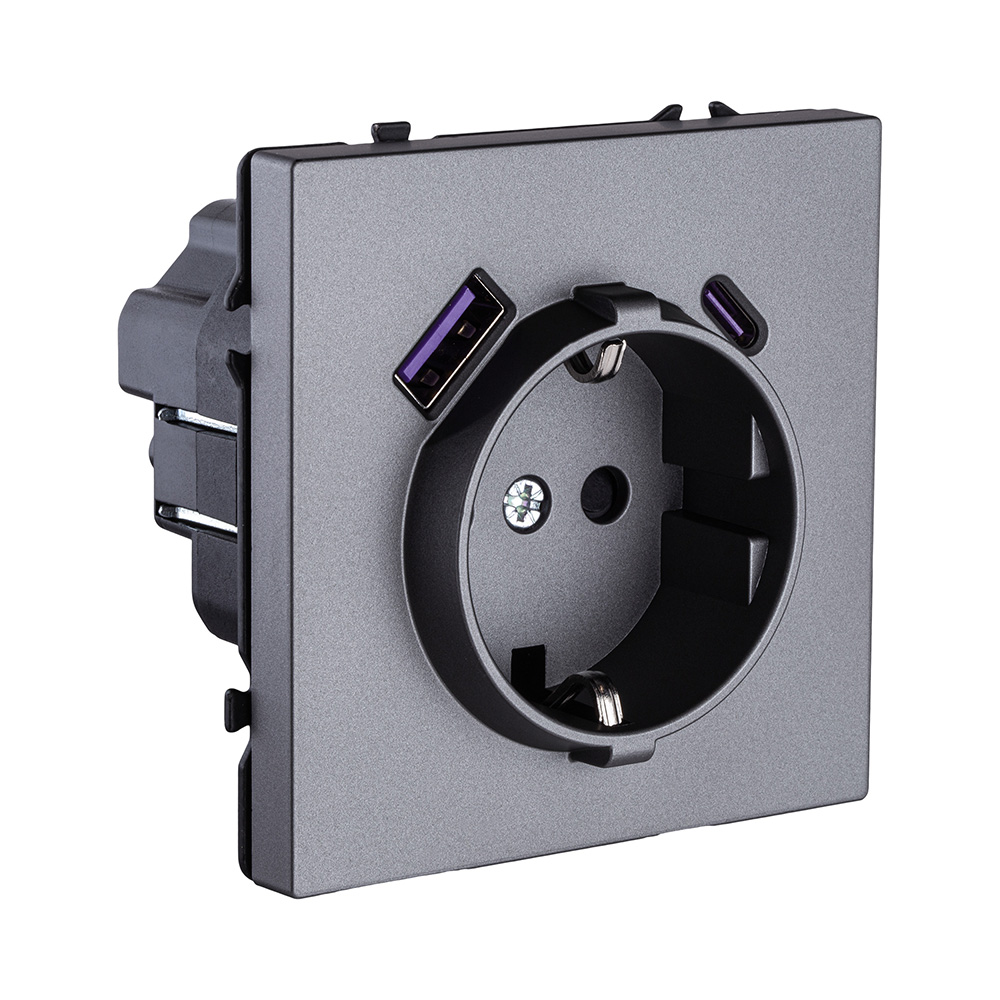 Розетка штепсельная SCHUKO 16A/250 В с USB A+C 20W, серый Kollinger Eclipse EC-016GY