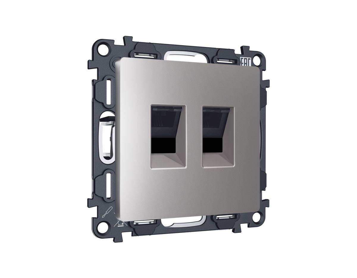 Комплект механизма компьютерной двойной розетки RJ-45 Ambrella Volt MA512110 (8P8C) CAT6 с автоматической защитной шторкой Alfa Сталь матовый Quant