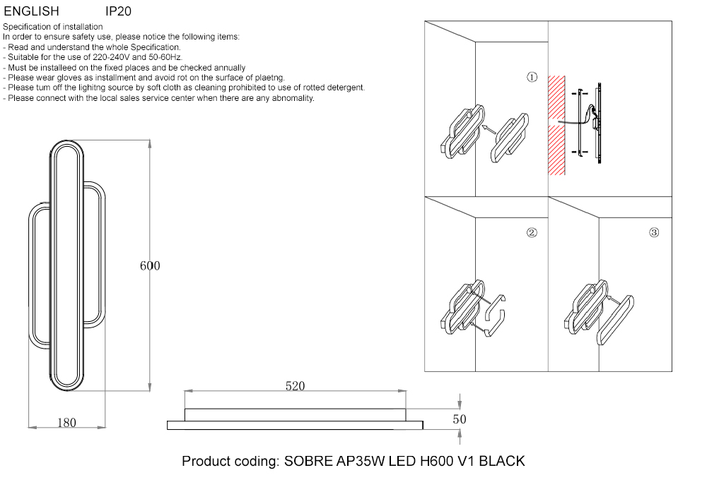 Бра Crystal lux SOBRE AP35W LED H600 V1 BLACK