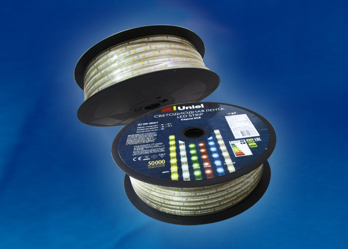 Светодиодная лента Uniel ULS-5050-60LED/m-16mm-IP67-220V-14,4W/m-50M-RGB бобина
