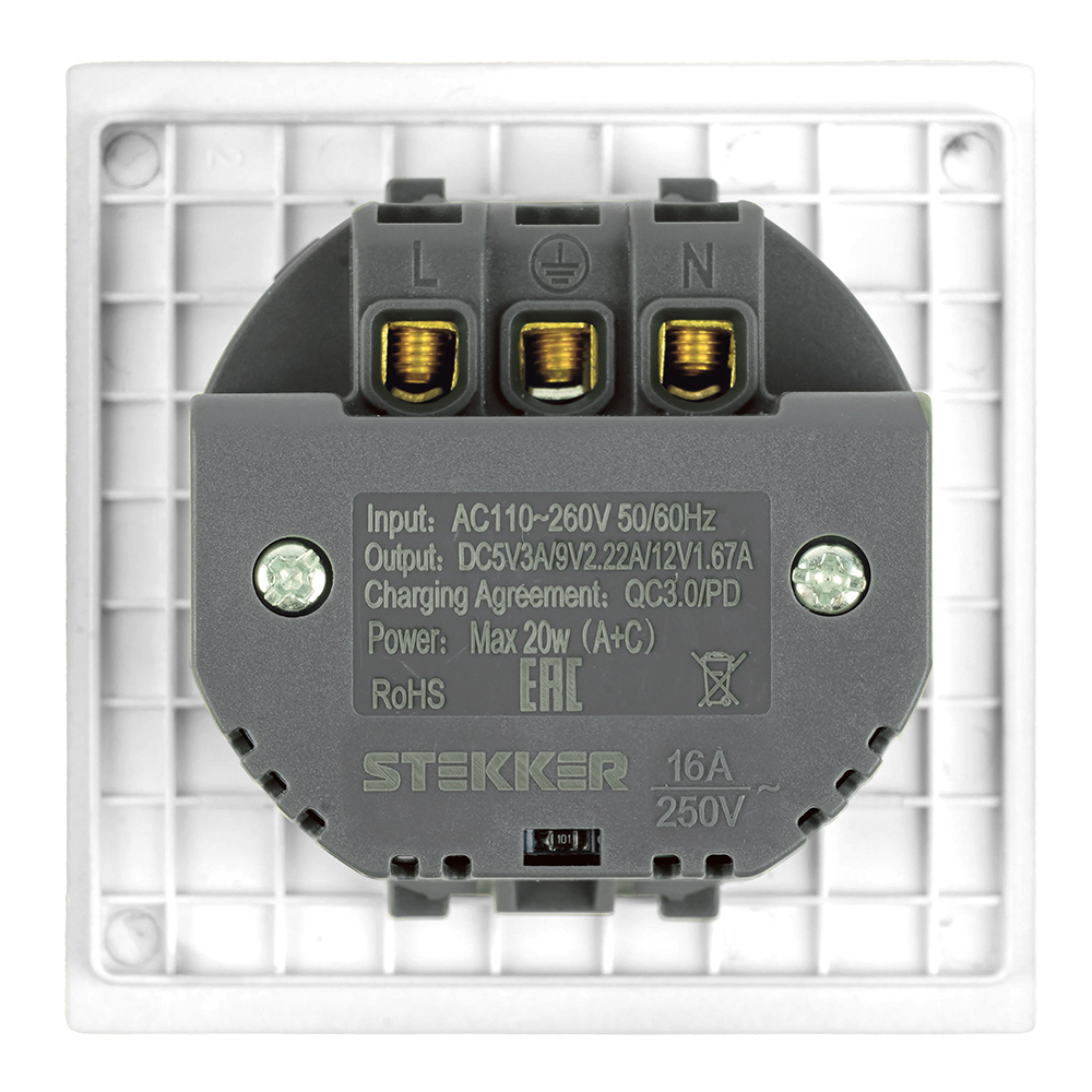 Розетка 1-местная 16А + USB + Type C (механизм) Stekker 250В 20W Мия RST16-3119-01 50438