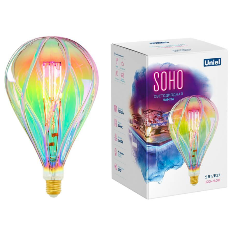 Лампа светодиодная филаментная (UL-00005917) Uniel E27 5W 2250K LED-SF31-5W/SOHO/E27/CW RAINBOW GLS77RB