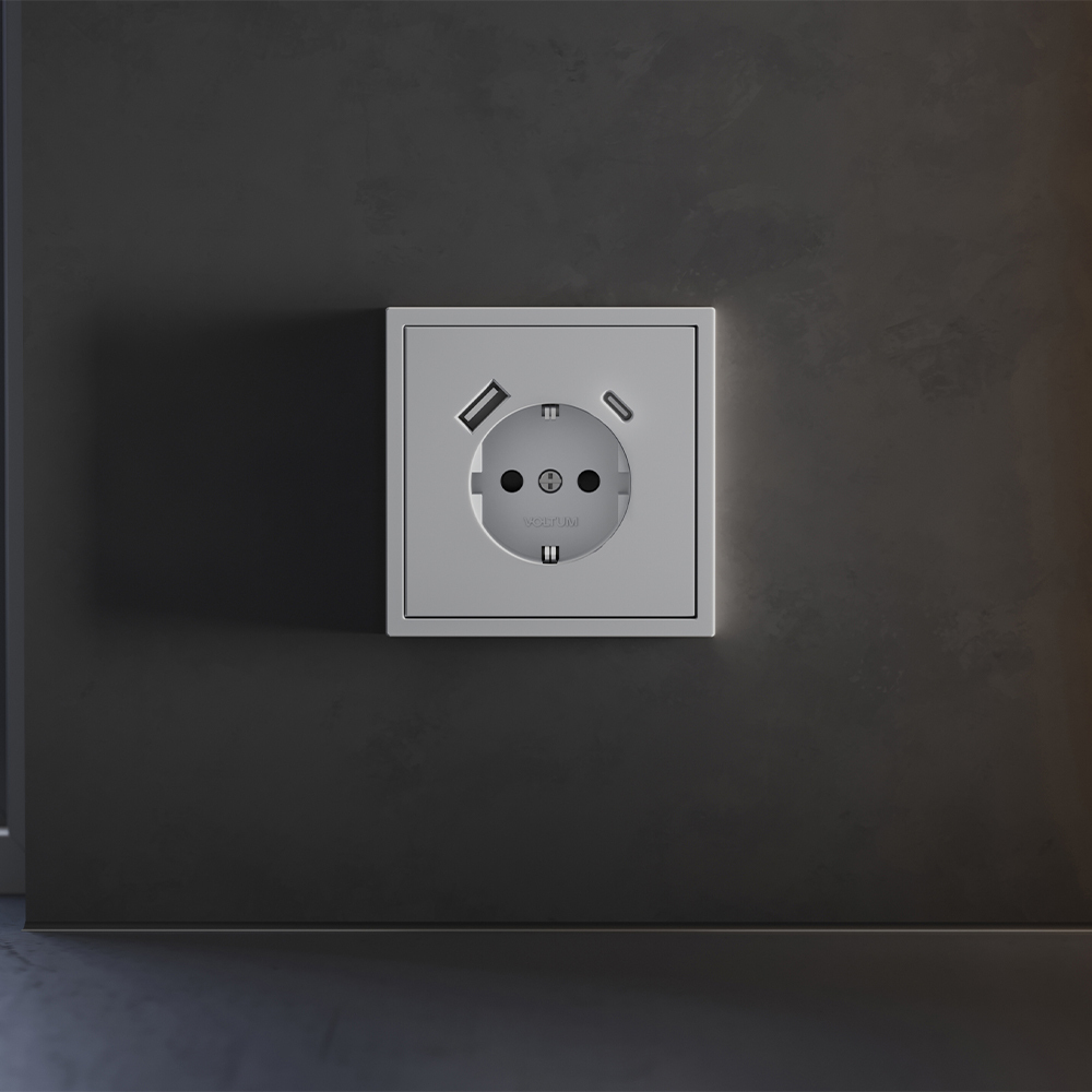 Накладка для розетки с заземлением и защитными шторками, с USB A+C Voltum S70 (серый) VLS001016