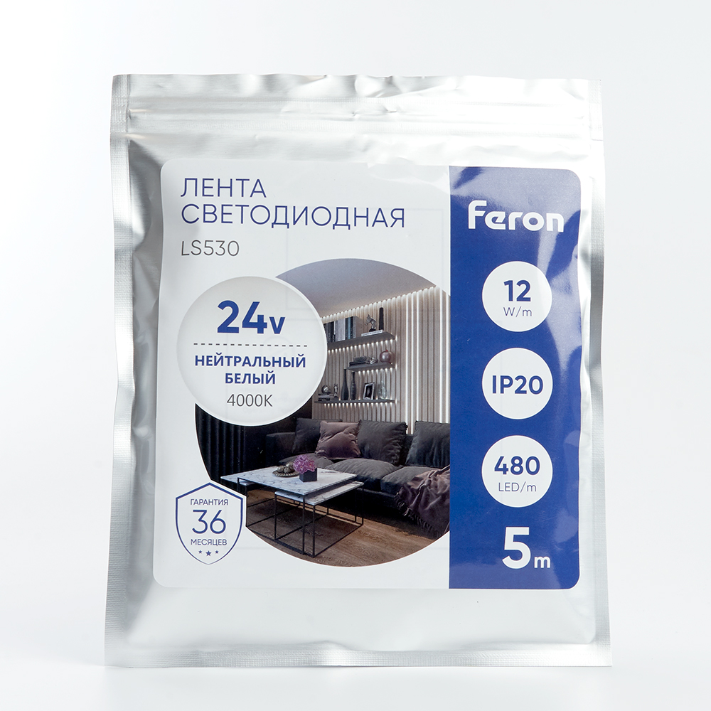 Светодиодная лента Feron LS530 24В 2110 12Вт/м 4000K 5м IP20 48271