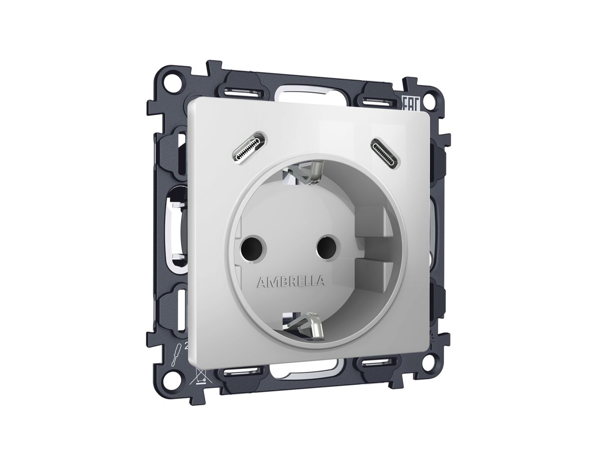 Комплект механизма электрической розетки 2USB С+C 20W с/з на винтовых зажимах 16A-250V Alfa Серебро глянец Quant Ambrella Volt MA410510 (AP4105, VM165)