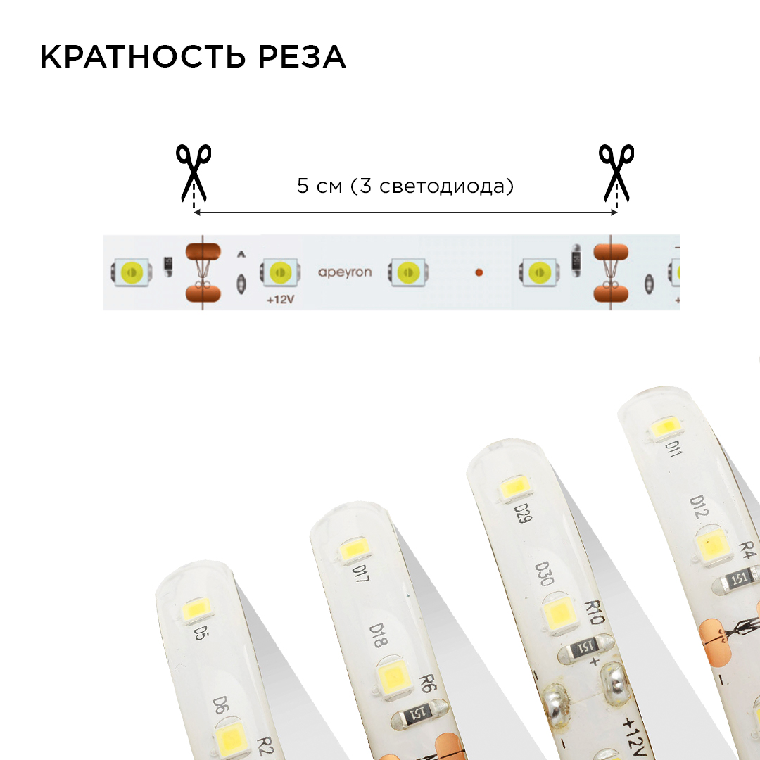 Комплект светодиодной ленты Apeyron 12В 4,8Вт/м smd3528, 60 д/м IP65 2,5м 3000K (блок, коннектор) 10-21