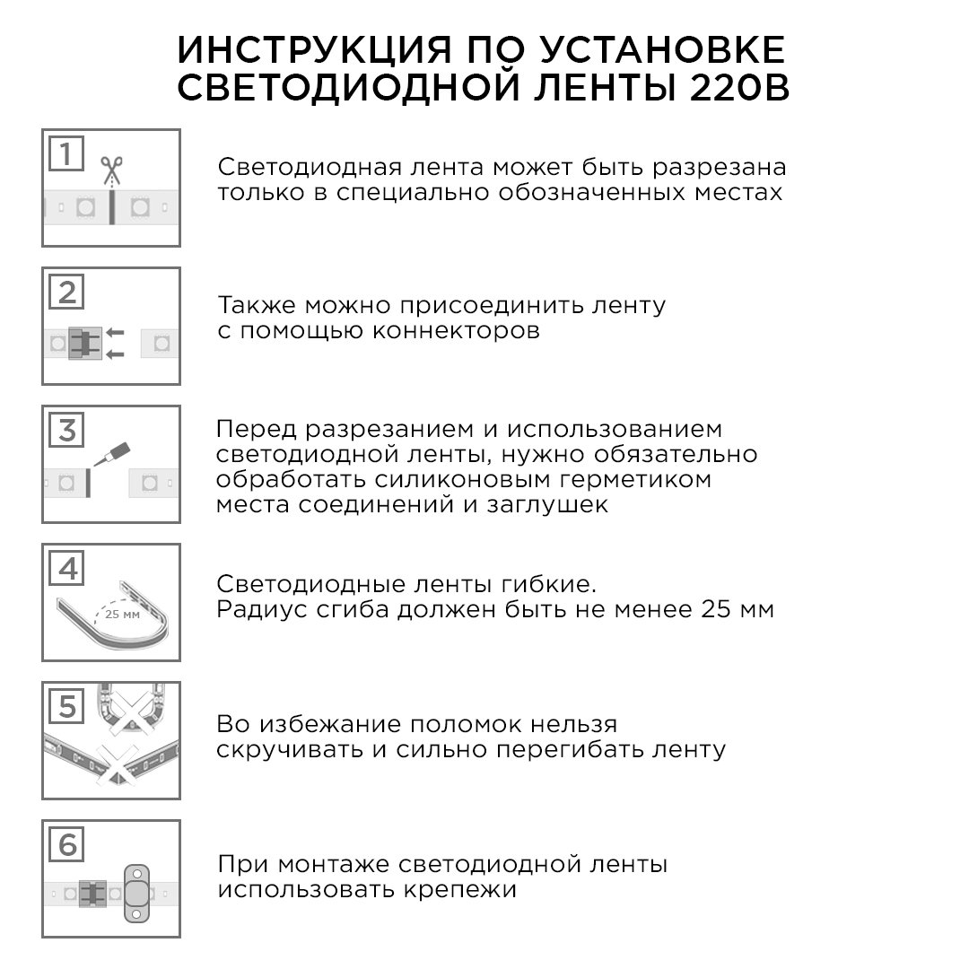Комплект светодиодной ленты Apeyron 220В 6Вт/м smd2835 60д/м IP65 5м 3000К (сетевой шнур, заглушка, крепежи) 10-58