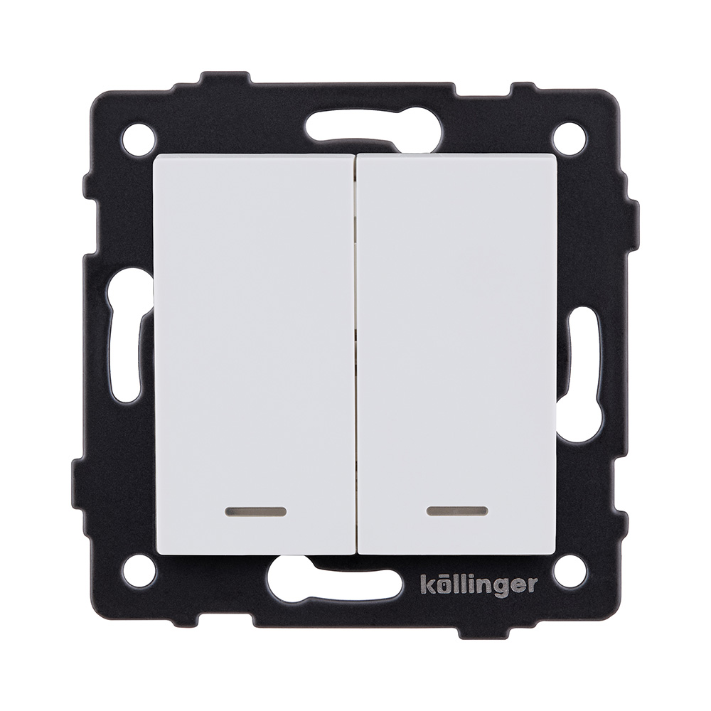Выключатель 2-клавишный проходной 10А/250В с LED подсветкой, белый матовый Kollinger REA-S-010WM для Aspekt, Eleganz, Reflex