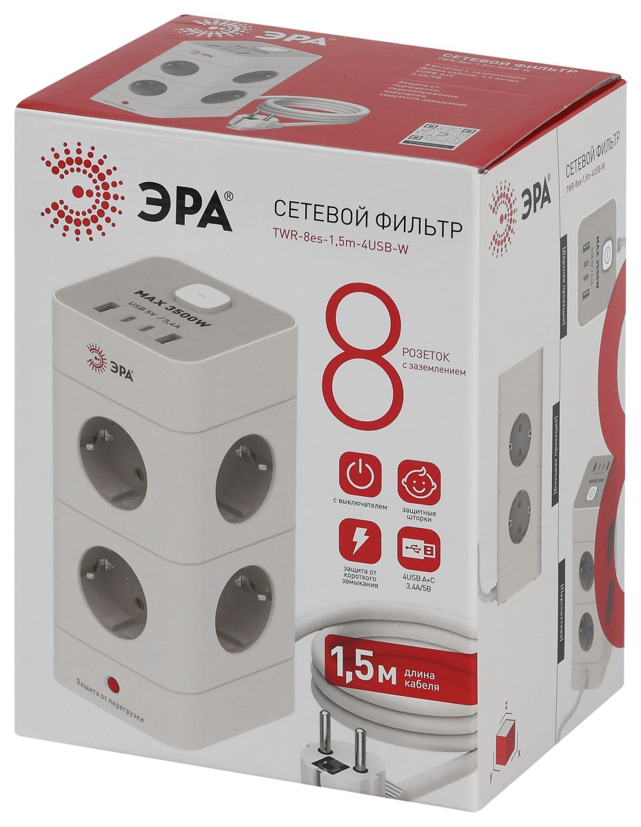 Сетевой фильтр ЭРА TWR-8es-1,5m-4USB-W башня с защитой заземлением с выключателем 8 розеток+4xUSBA+C 1,5м 16А белый Б0069071